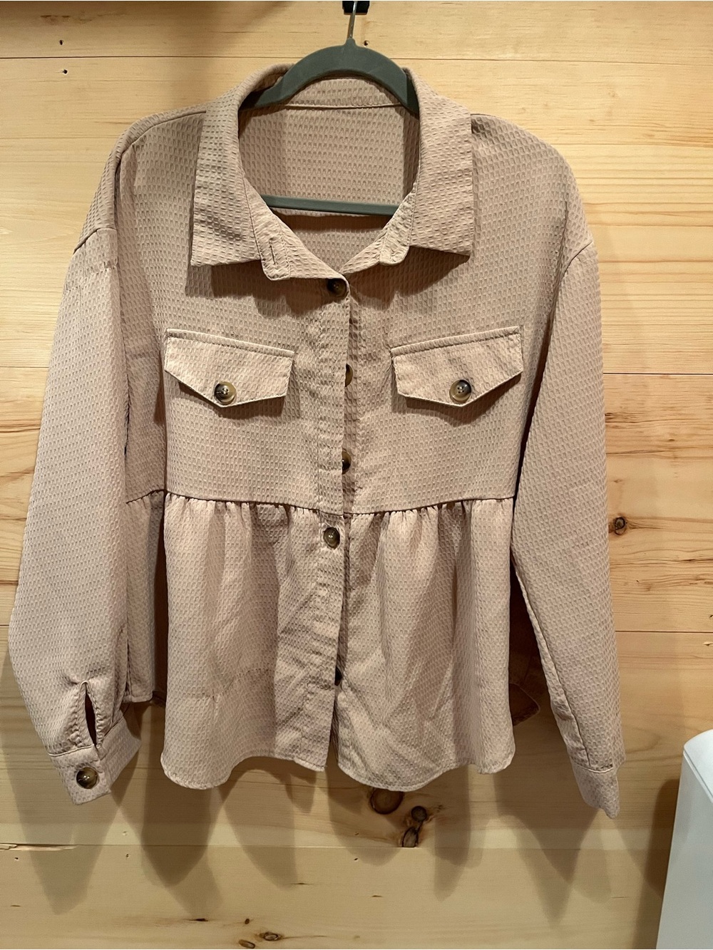 SHEIN Beige Waffle Peplum Button Up Top